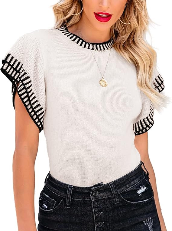 Saodimallsu Womens Short Sleeve Sweaters Tops Summer Ruffle Striped Loose Crew Neck Lightweight S... | Amazon (US)