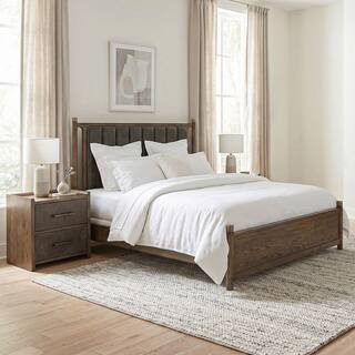 Jordan 2-Piece Dark Walnut Wood King Panel Bedroom Set with Nightstand With Faux Leather Panels | The Home Depot