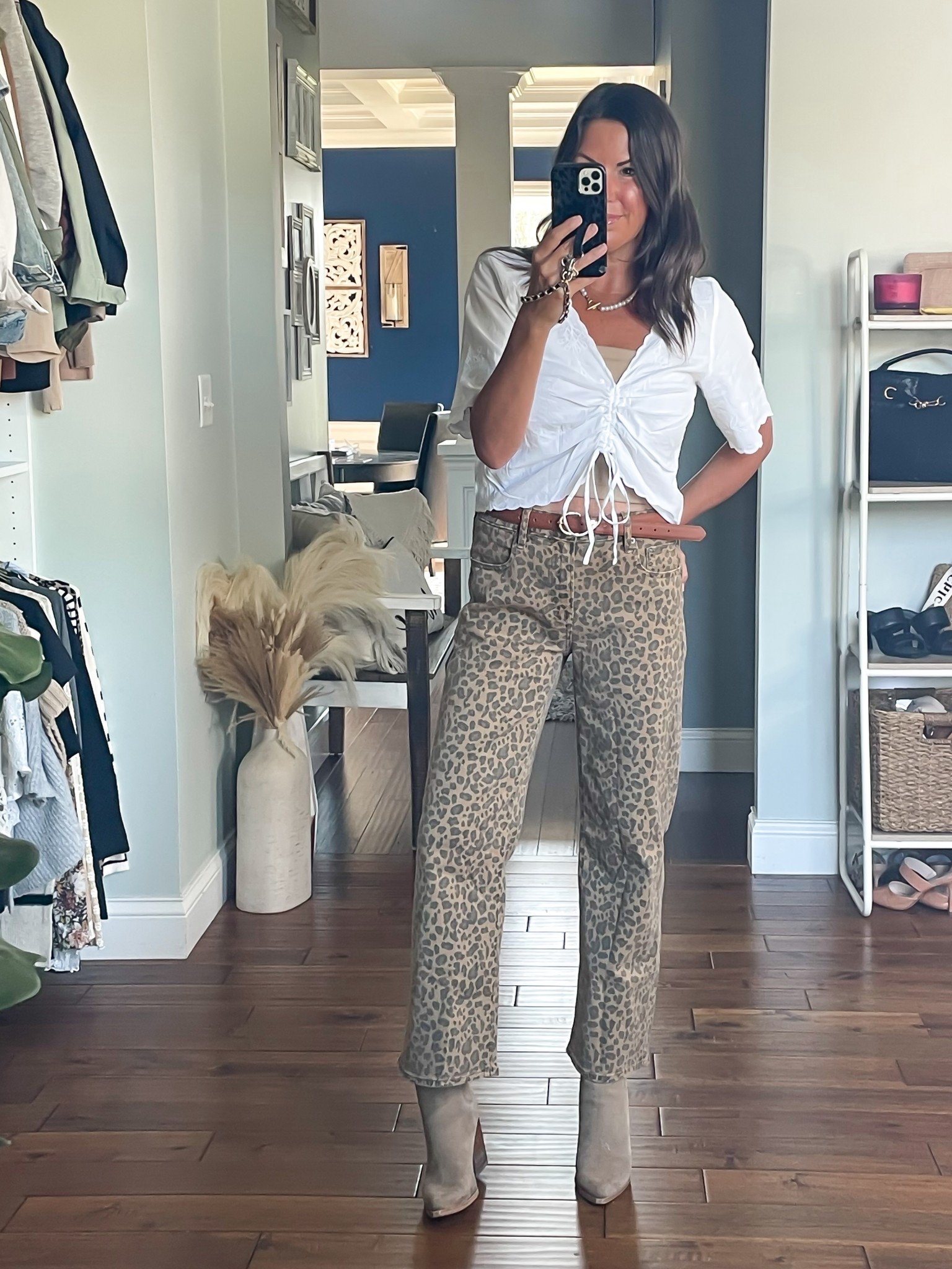 Leopard pants 
Tie front top 
AE sale 

#LTKOver40 #LTKFallSale #LTKSaleAlert