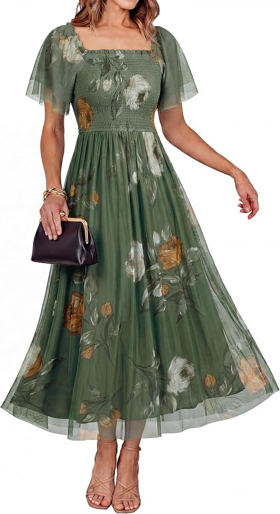 Simplee Womens Floral Maxi Dresses 2026 Summer Square Neck Mesh Short Sleeve Smocked Boho Flowy W... | Amazon (US)
