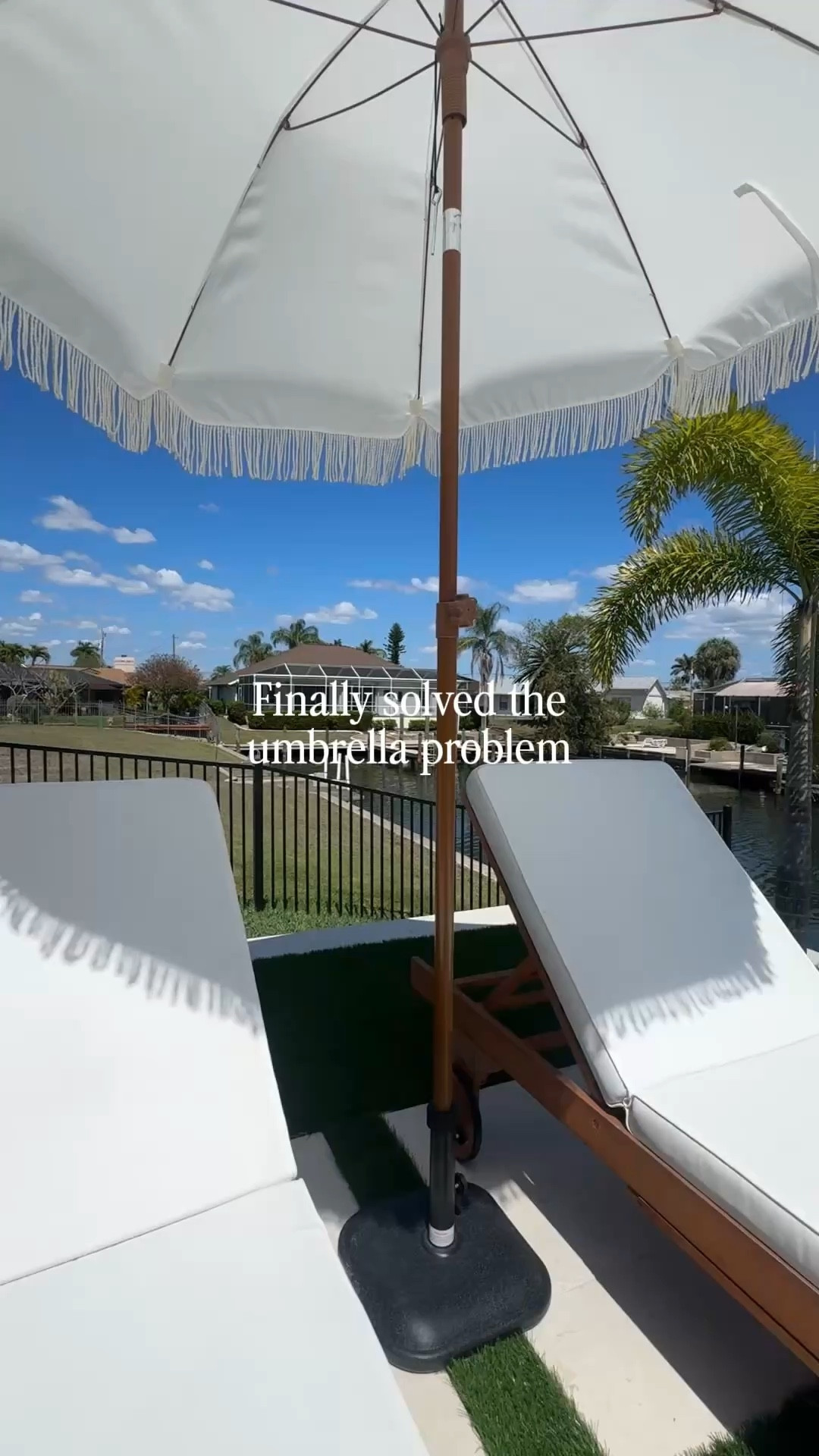 I’ve rearranged our patio three times since moving in last year and I finally found the perfect spot for my lounge chairs. All that was missing was an umbrella to cover me from the Florida sun! I headed to Home Depot and picked up this inexpensive umbrella holder. She got the job done! 

Linking my patio set up here 🤍
