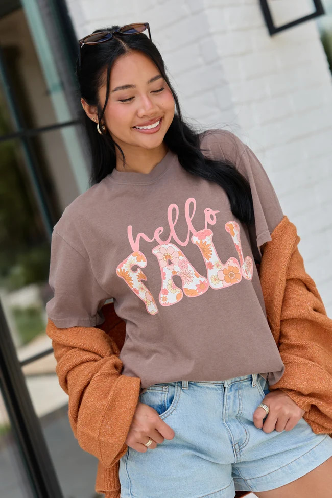 Hello Fall Floral Brown Graphic Tee | Pink Lily