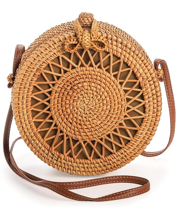 Okllen Round Rattan Bag for Women, Bohemian Style Handwoven Straw Crossbody Bags for Summer Vacat... | Amazon (US)