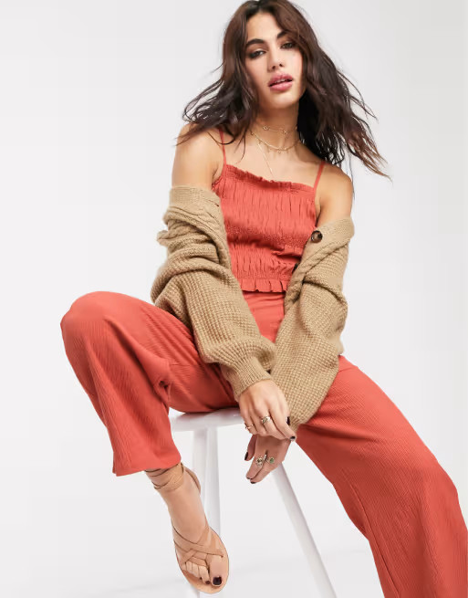 Bershka shirred strappy jumpsuit with ruched front in orange | ASOS (Global)