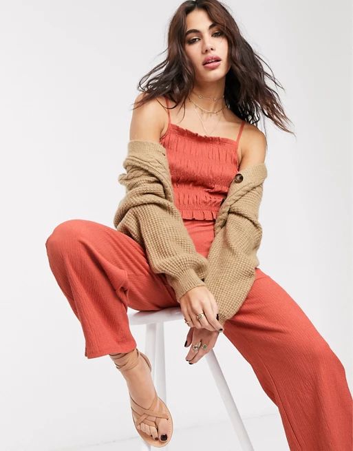 Bershka shirred strappy jumpsuit with ruched front in orange | ASOS (Global)