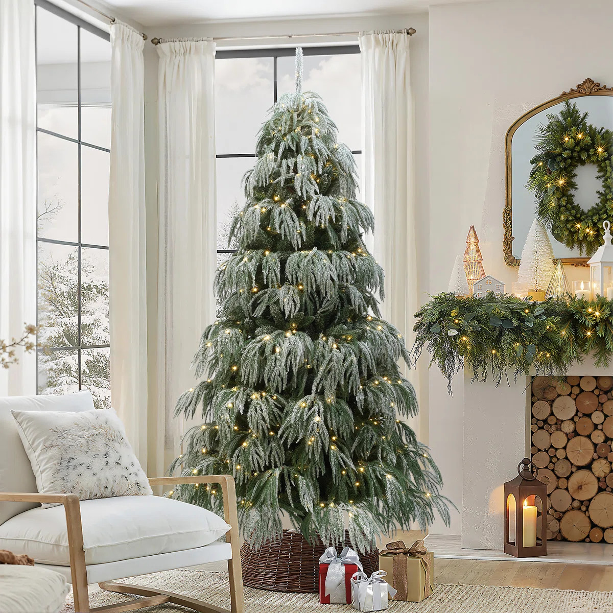 7Ft Flocked Downswept Branches Artificial Christmas Tree with Multi-Color Lights | Wayfair North America