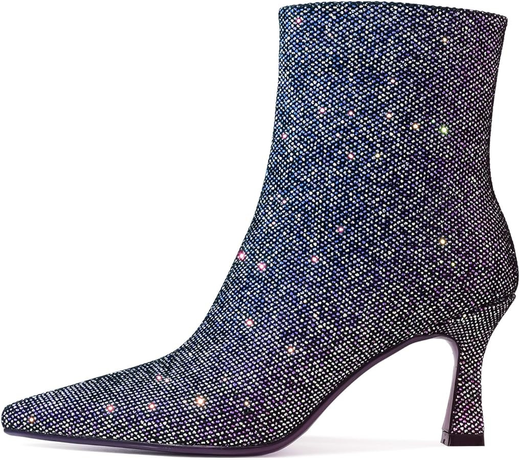 Glitter Booties for Women Pointed Toe Kitten Heels Sparkling Sequin Ankle Boots Side Zipper Party... | Amazon (US)