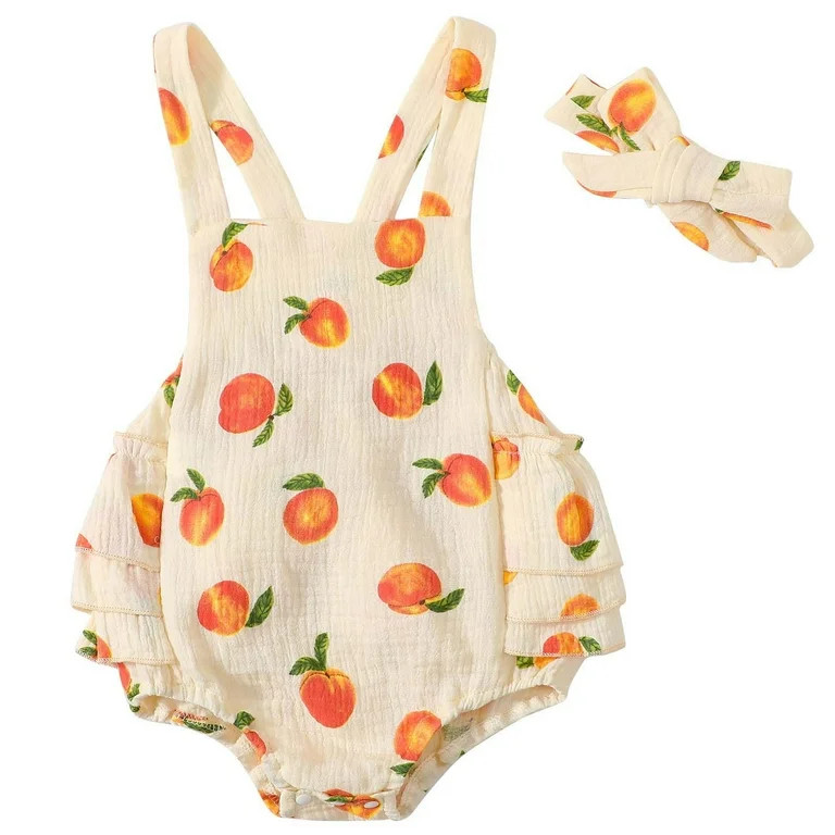 Odeerbi Baby Girls Cute Peach Print Romper Cotton Jumpsuit with Headband Set Newborn Double Layer... | Walmart (US)