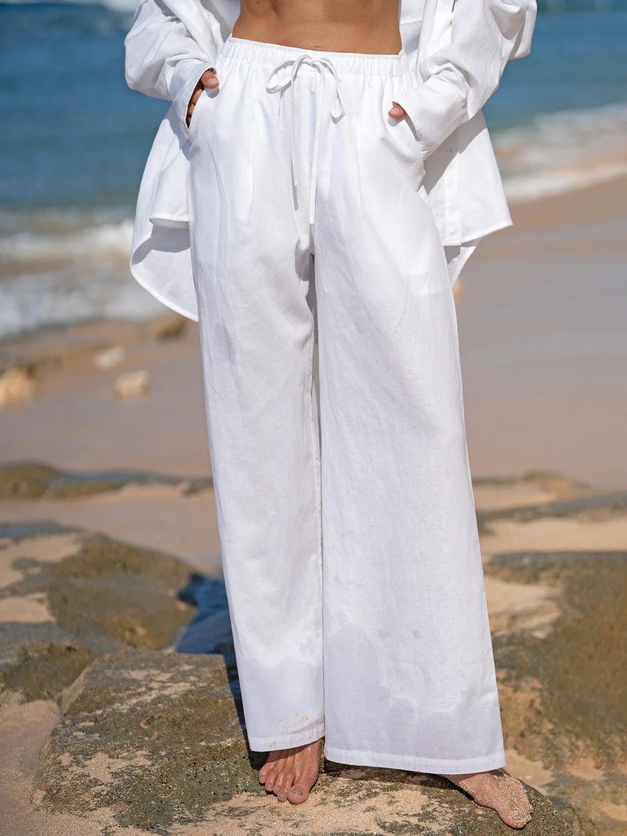 White Cotton-Linen Wide-Leg Cover-Up Pants & Reviews - White - Sustainable Cover-ups | BERLOOK | BERLOOK