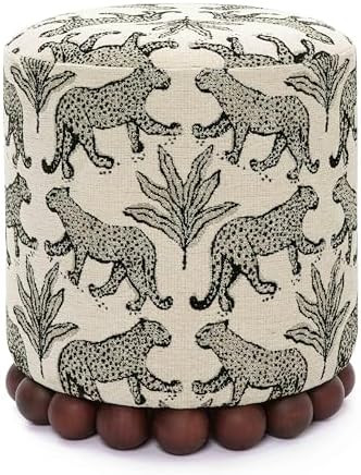 First of a Kind Ottoman Foot Rest - Cream Fabric Round Ottoman Stool with Solid Wood Spherical Or... | Amazon (US)