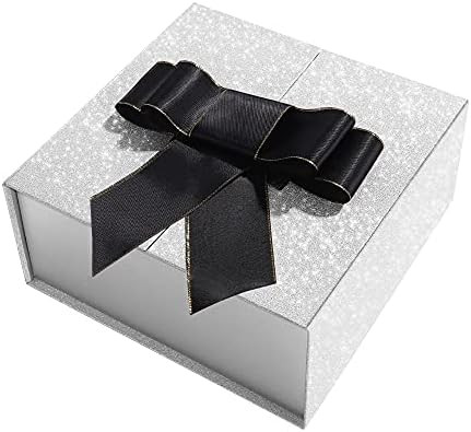 BLK&WH Gift Box with Ribbon 8.5x8.5x4 Inches, Magnetic Gift Box with Lid, Glitter Silver Gift Box fo | Amazon (US)