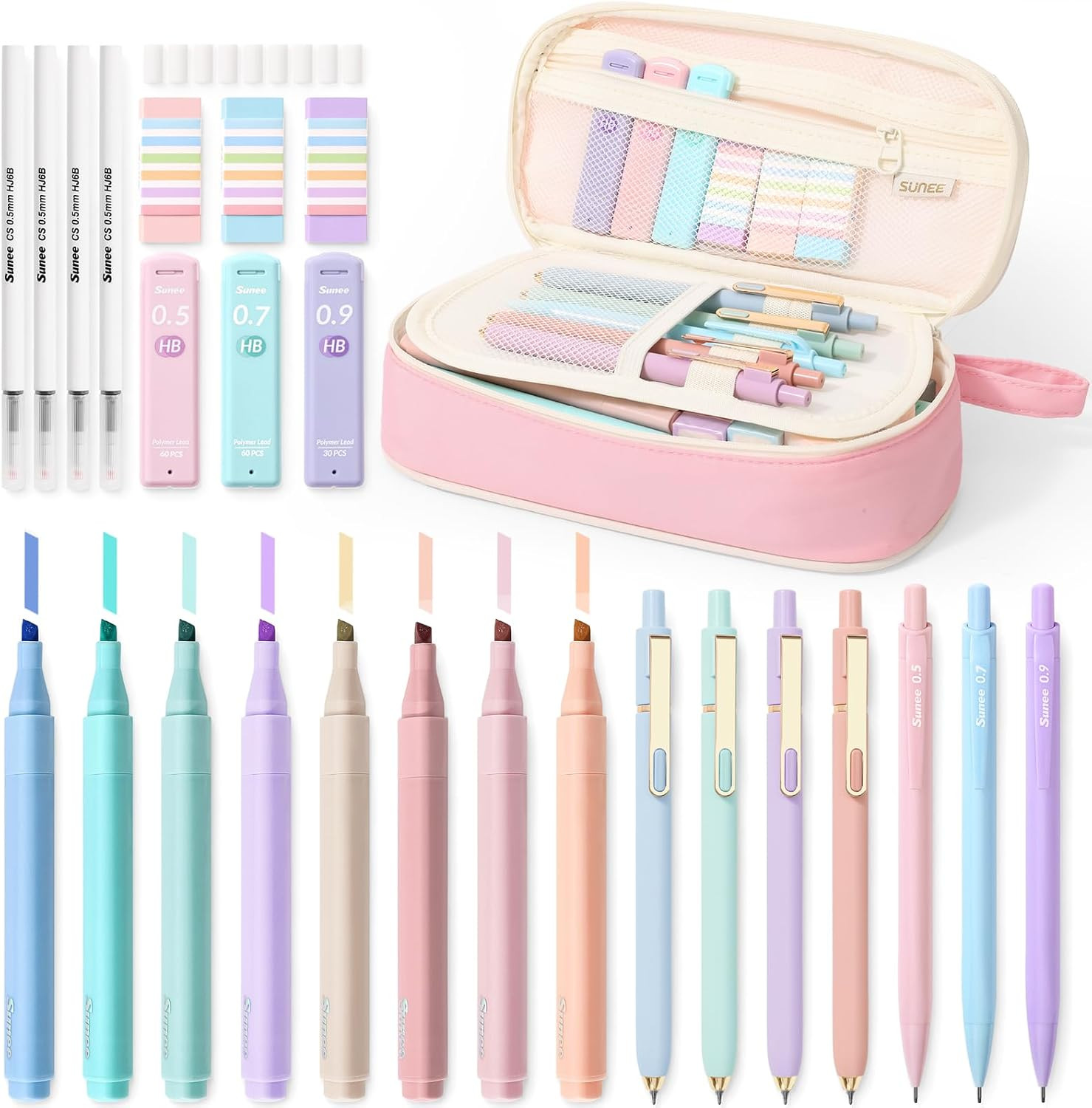 SUNEE Pencil Case with Supplies, 35PCS Aesthetic Stationery Set with Pastel Highlighters, Black Gel Pens, Mechanical Pencils & Refills, Cute School Supplies for Teachers Girls College Pink | Amazon (US)