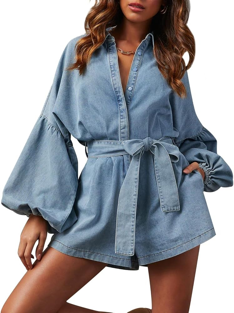 Women's Lantern Long Sleeve Mini Romper Cotton Elastic Waist Tie Front Jumpsuit Denim Short Plays... | Amazon (US)