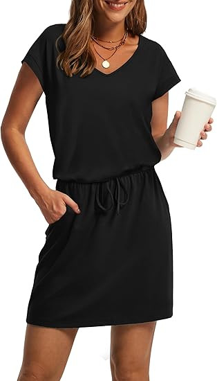 OFEEFAN Summer Dresses for Women 2026 V Neck T Shirt Casual Mini Dresses Tie Waist Sundresses wit... | Amazon (US)
