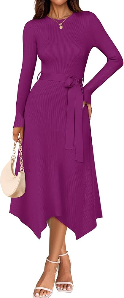 ZESICA Women's 2024 Fall Long Sleeve Crewneck Ribbed Knit High Waist Midi Sweater Dresses with Be... | Amazon (US)