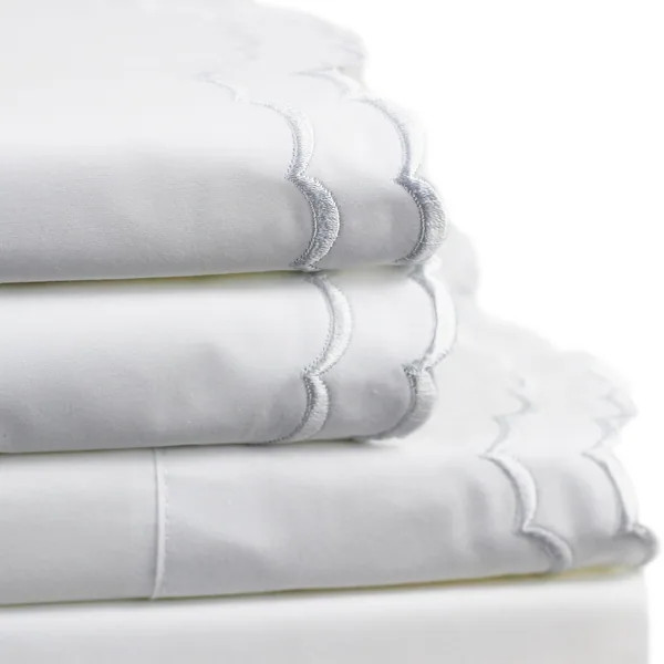 Percale Cotton Double Scalloped Embroidered Crisp Sheet Set - Queen - White | Bed Bath & Beyond