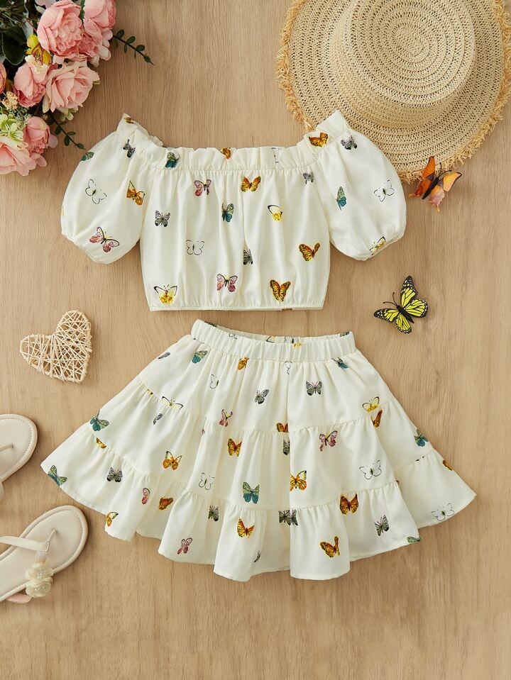 SHEIN Kids SUNSHNE Young Girl Butterfly Print Off Shoulder Top & Ruffle Hem Skirt | SHEIN