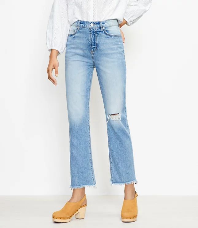 Frayed High Rise Straight Crop Jeans in Staple Dark Indigo Wash | LOFT