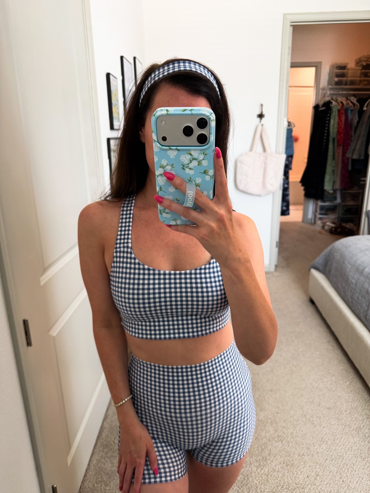 Alo // workout set // matching set // gingham // yoga // Pilates // bike shorts // sports bra // under $200