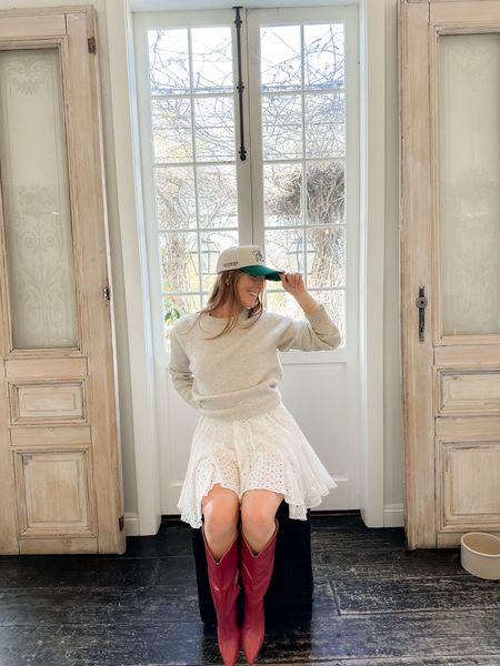 These boots are a great add of color to an outfit! Loved this little white dress layered with a sweater over! 