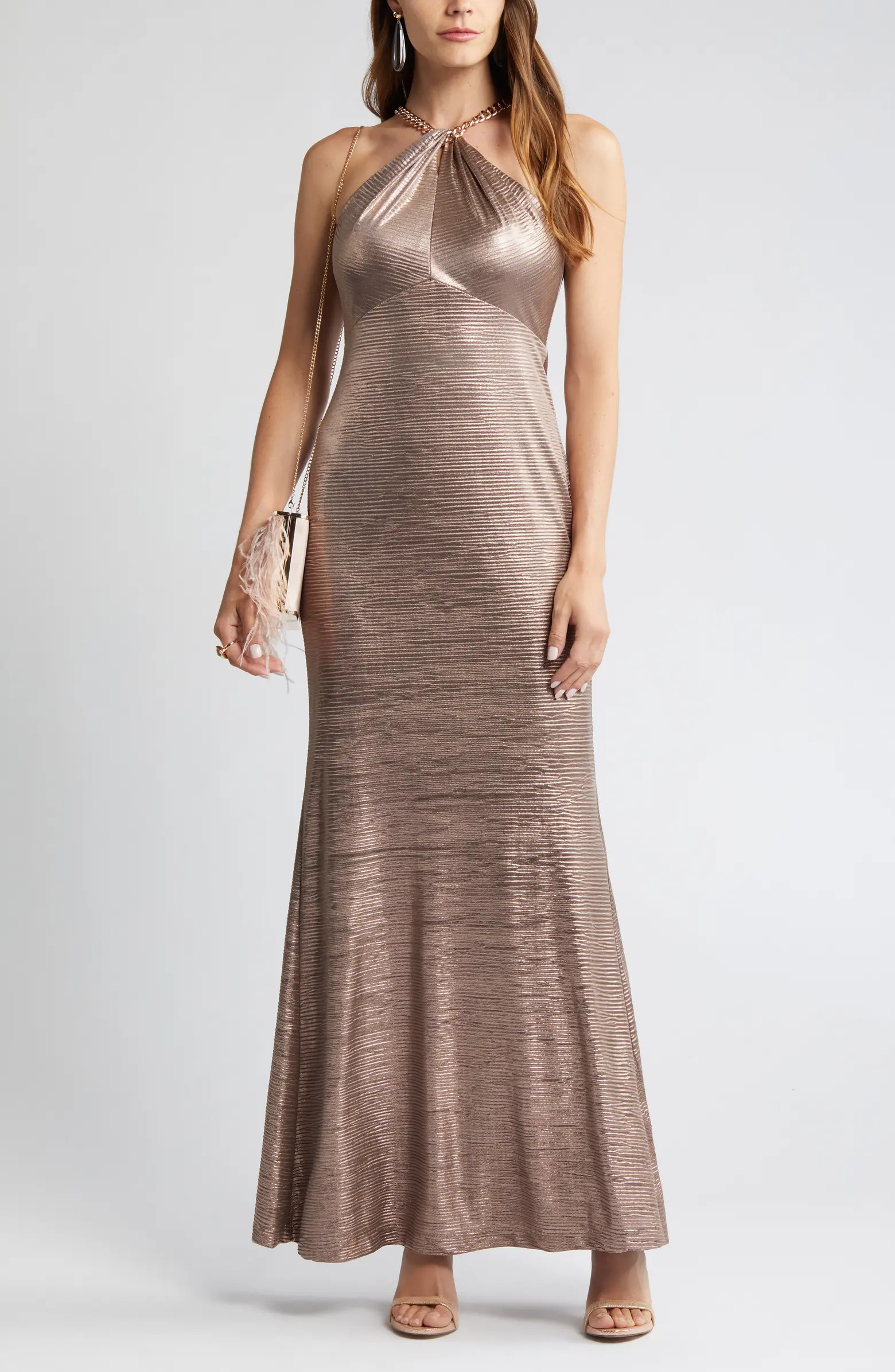 Metallic Embellished Twist Neck Gown | Nordstrom