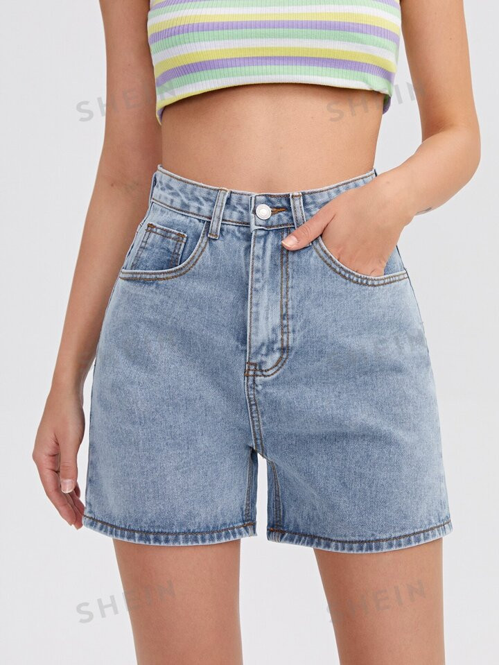 SHEIN EZwear Straight Leg Solid Denim Shorts | SHEIN