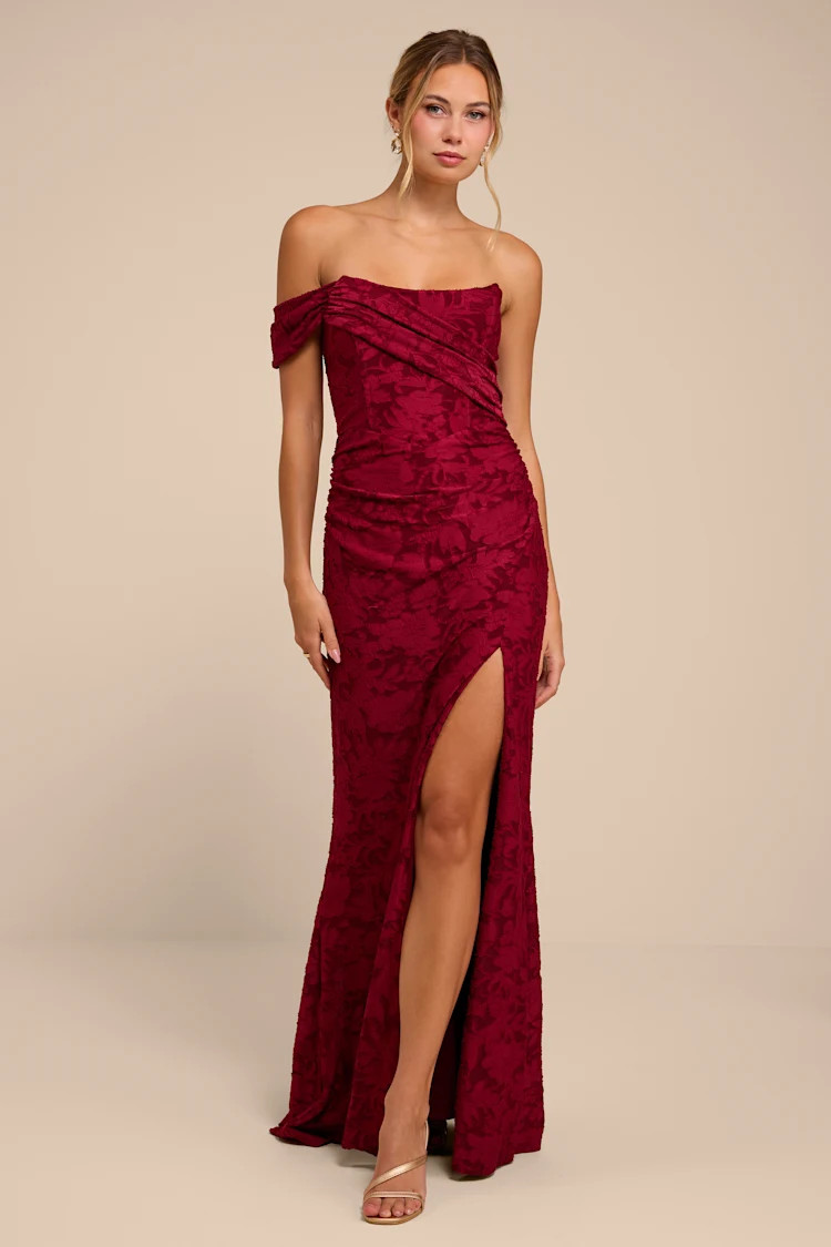 Emmeline Burgundy Burnout One-Shoulder Maxi Dress | Lulus
