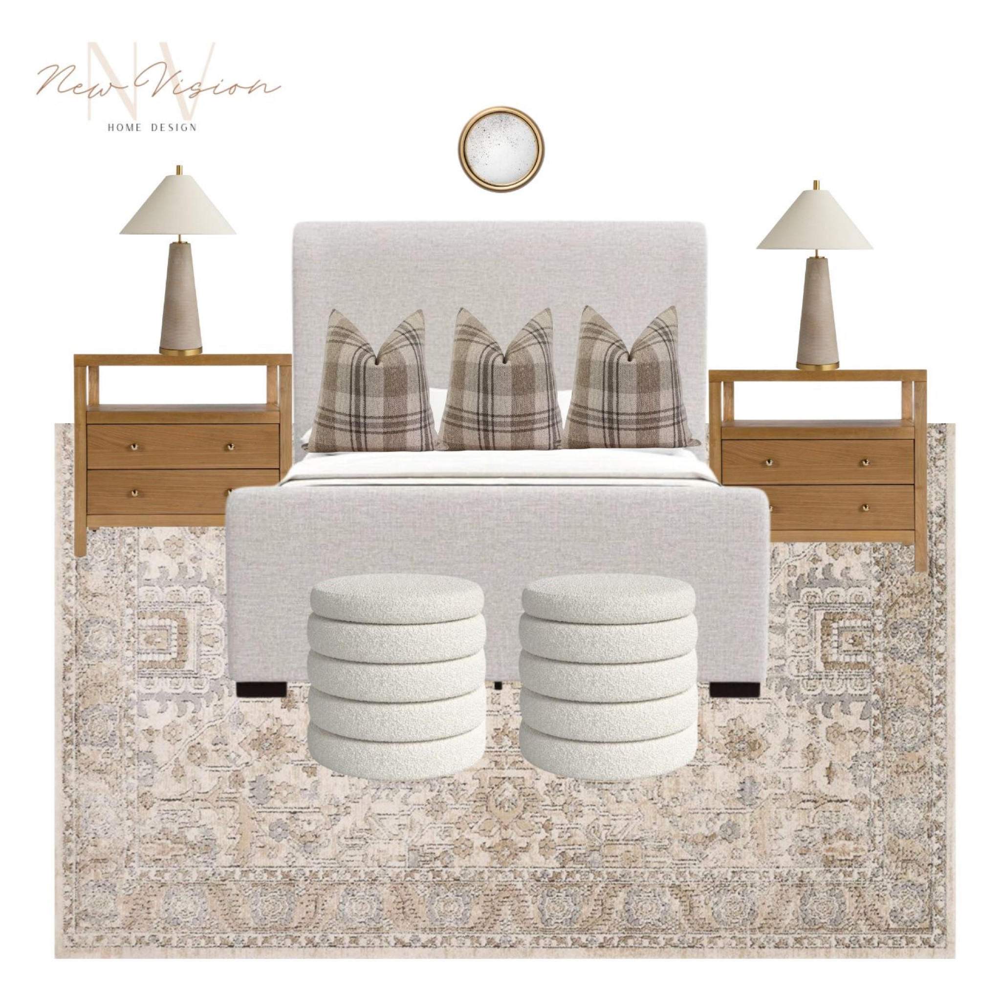 Bedroom design with neutral tones. 

White round ottoman, natural linen bed with headboard and footboard. 

Upholstered wingback bed  

Wood tone legs nightstand side table with storage. 

Large tapered lamp, antique round mirror, checkered pillow.  

Fall bedroom decor. 

Large area rug. 

Wayfair find 
McGee&Co
New Vision Home Design

#LTKstyletip #LTKhome #LTKSeasonal