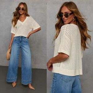 Crochet Knit V-Neck Sweater Top | Relaxed Short Sleeve | Neutral Staple (S) | Poshmark