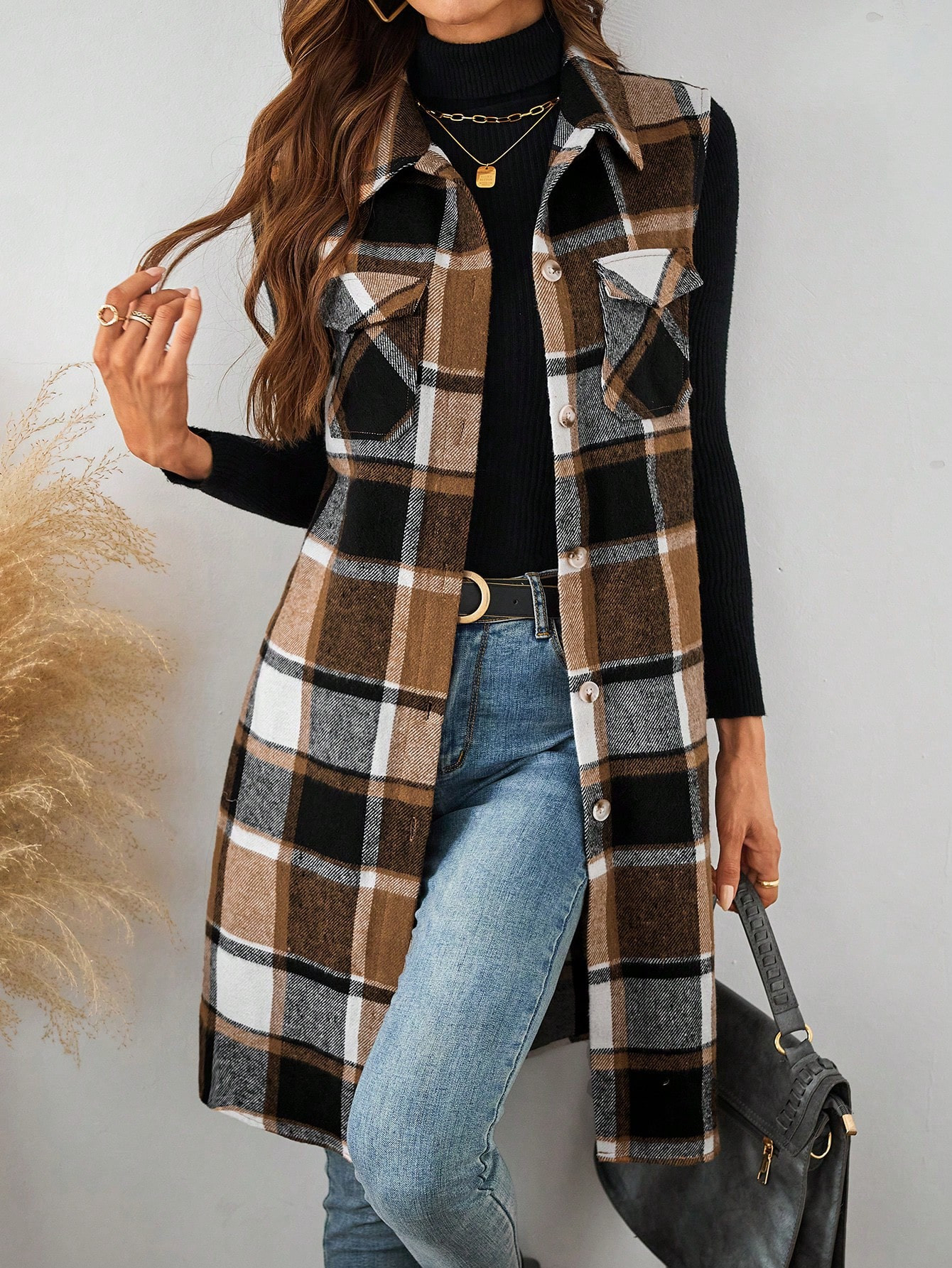 SHEIN LUNE Plaid Pocket Sleeveless Casual Women Vest Jacket | SHEIN