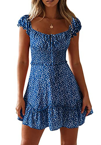 YOBECHO Womens Summer Sexy Sweetheart Collar Printed Ruffle Mini Dress Blue | Amazon (US)