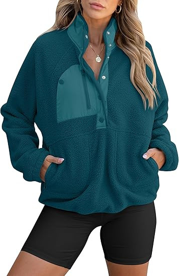 ANRABESS Women Fuzzy Fleece Pullover Sherpa Sweatshirt Long Sleeve Button Down Warm Soft Color Bl... | Amazon (US)