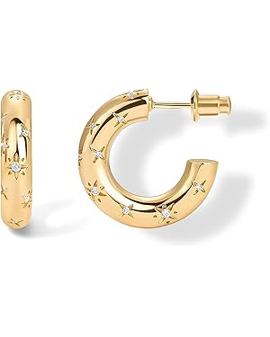 PAVOI 14K Gold Plated Star Shine Hoop Earrings for Women | Cubic Zirconia Celestial Chunky Hoops ... | Amazon (US)