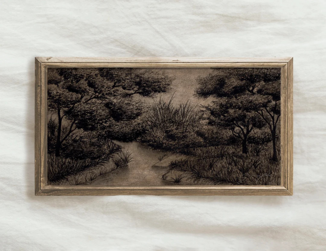 Panoramic Dark Charcoal Landscape Drawing / Narrow Moody Scenery PRINTABLE / Vintage Sketch Art |... | Etsy (US)