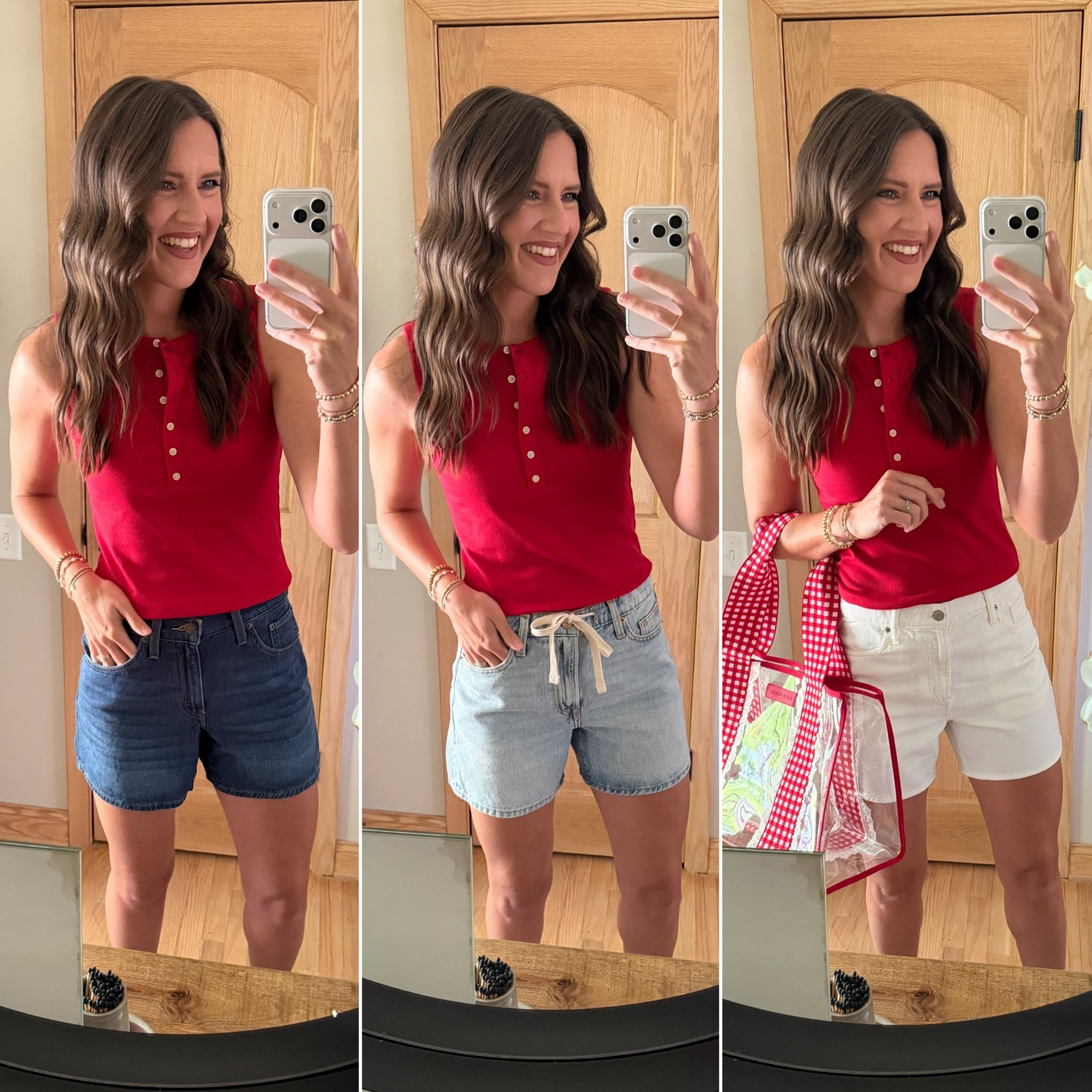 Mom approved denim shorts. Wearing a size 27 in all three. Size medium tank.