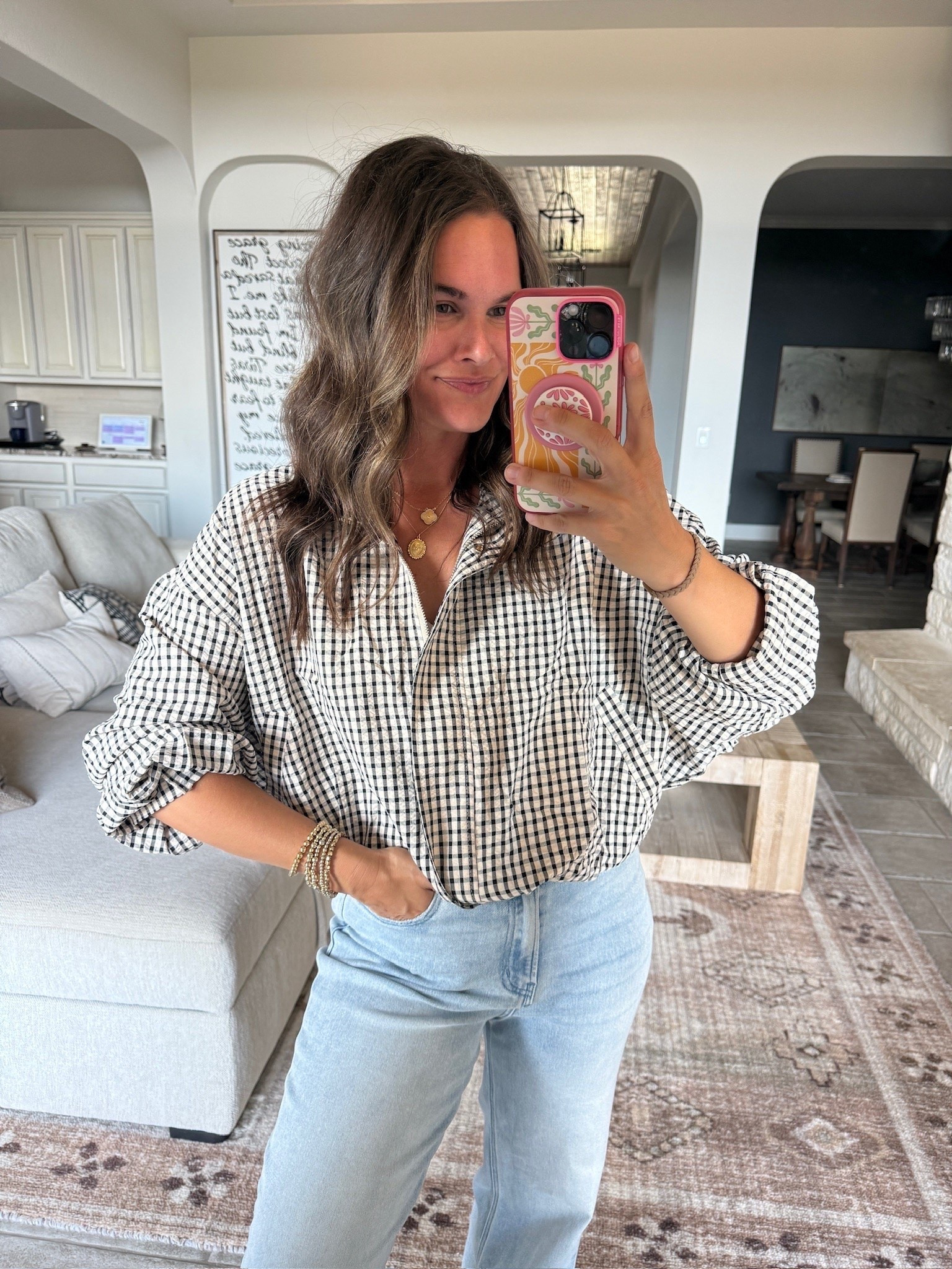 The gingham jacket I’d build a whole fall outfit around. Love it with relaxed denim and gold jewelry.

gingham jacket, fall jacket, plaid jacket, lightweight jacket, fall outfit, relaxed denim, casual fall outfit, fall layers, gingham print, everyday fall style, trending fall jacket, JulieFranks