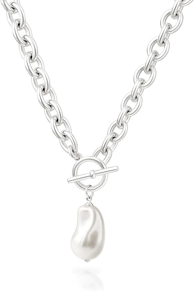 Zeffy 14K Gold/Silver Plated Chunky Thick Chain Toggle Clasp Necklace Dainty Baroque Pearl/Heart/... | Amazon (US)