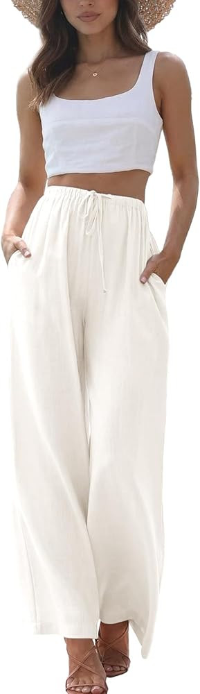 Duyang Womens Cotton Linen Palazzo Pants Drawstring Elastic Waist Casual Wide Leg Trousers with P... | Amazon (US)