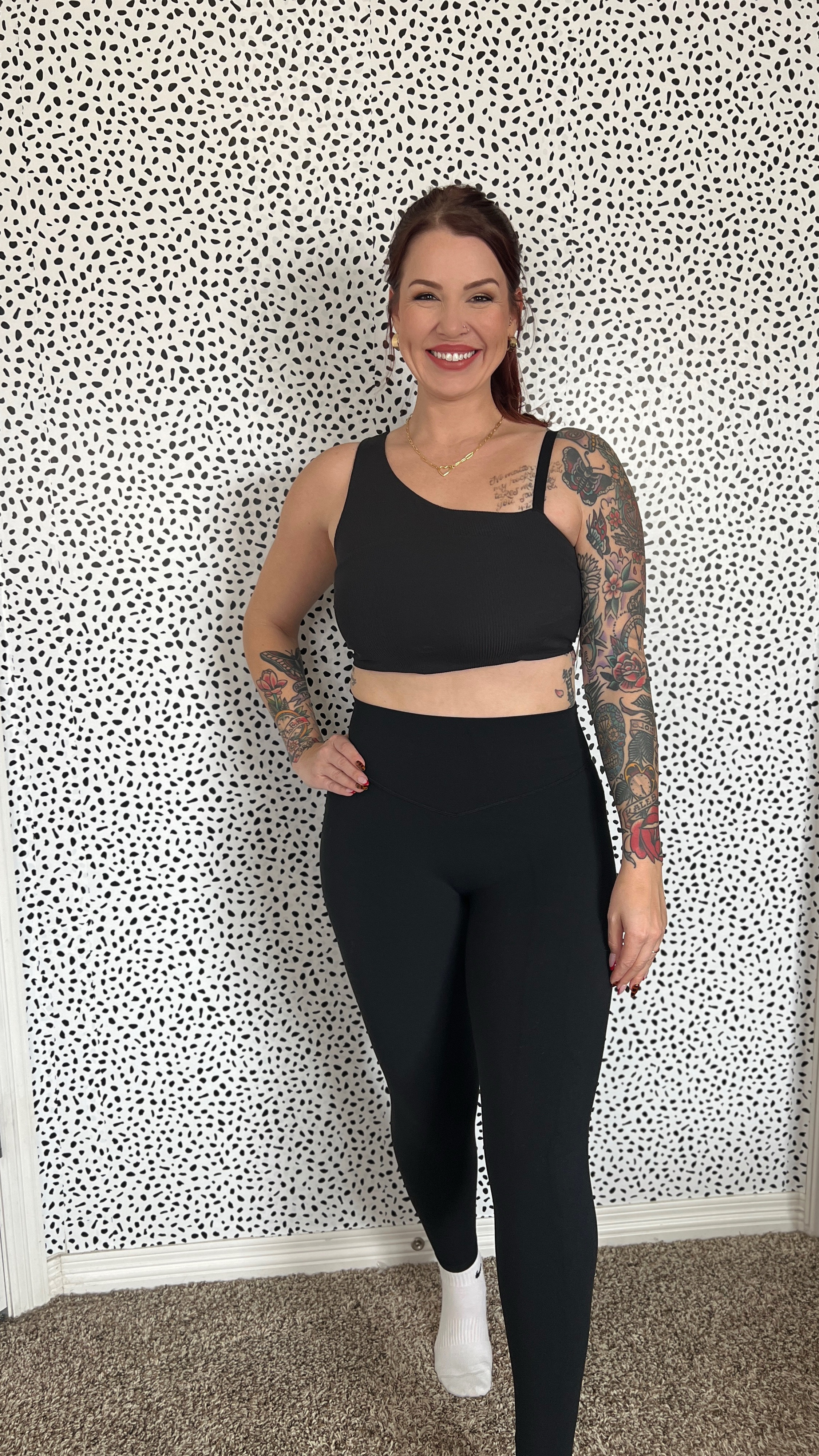 Asymmetrical spots bra (smaller strap is adjustable), with removable padding and medium support! Super soft, comfy and cute! $13 at Walmart 🙌🏻
I got a large!

Leggings are my fave Amazon leggings (I’m also wearing a large).

#LTKActive #LTKMidsize #LTKFindsUnder50