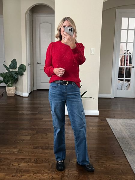 Shiny red sweater. Not scratchy at all. Roomy fit. Size down one if between sizes. Cargo denim. Very stretchy. Run tts. 

#LTKfindsunder100 #LTKsalealert #LTKover40