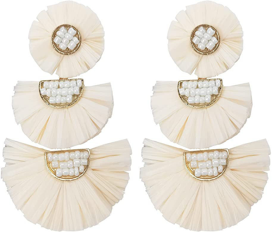 Statement Earrings Beaded Raffia Palm Bohemian Drop Dangle Earrings for women | Amazon (US)