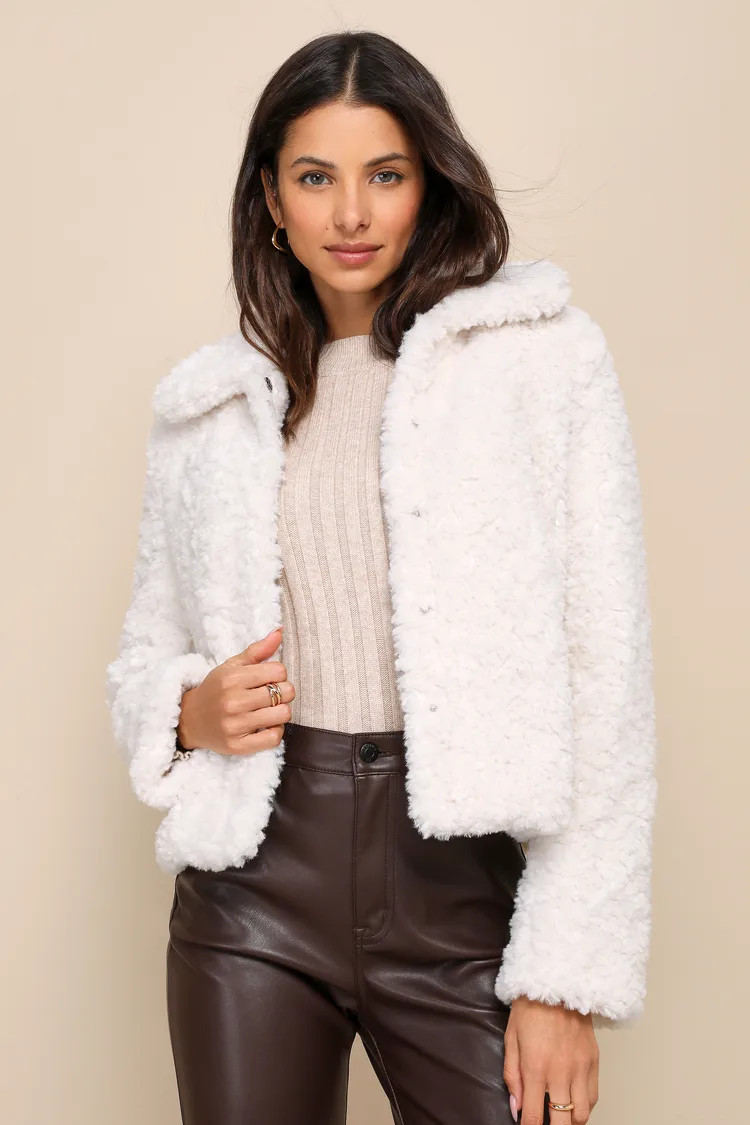 Snowy Crush Ivory Collared Teddy Jacket | Lulus