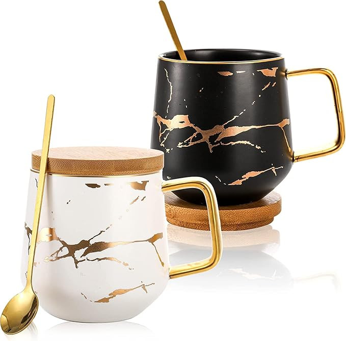 Classic Ceramic Kintsugi Style Coffee Tea Mug with Gold Inlay, Spoon and Bamboo Lid- 12 OZ, Set o... | Amazon (US)