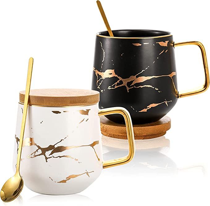 Classic Ceramic Kintsugi Style Coffee Tea Mug with Gold Inlay, Spoon and Bamboo Lid- 12 OZ, Set o... | Amazon (US)