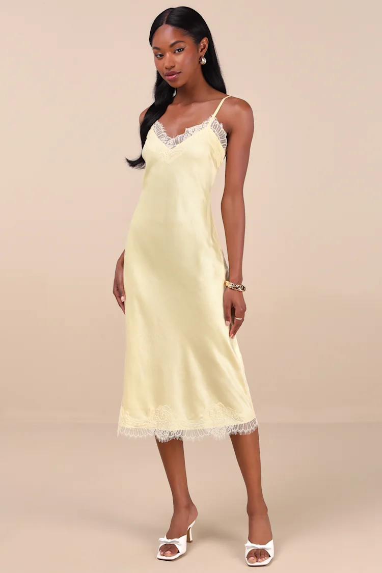 Raenne Light Yellow Crinkle Satin Lace Midi Slip Dress | Lulus