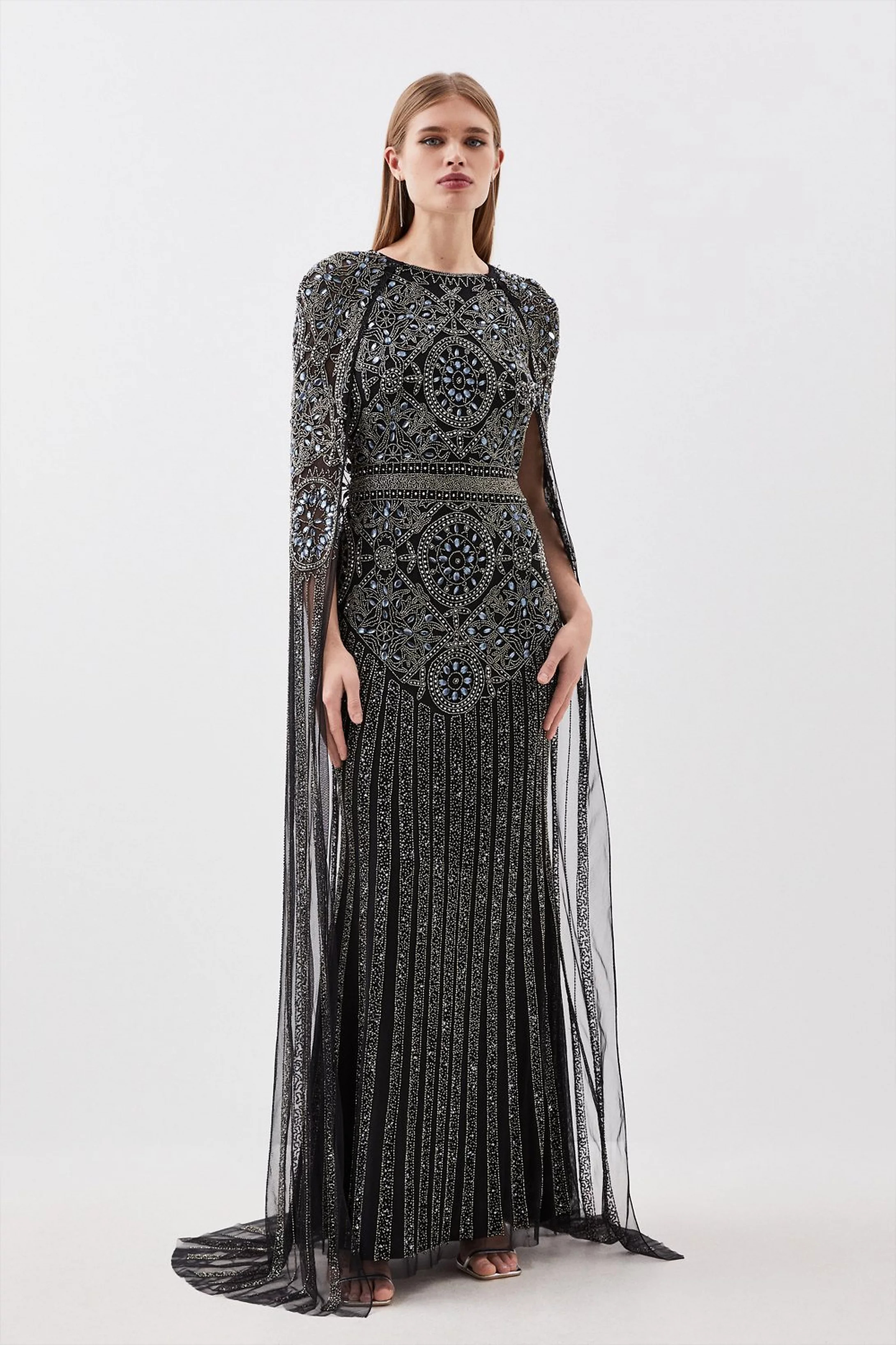 Premium Embellished Caped Woven Maxi Dress | Karen Millen UK + IE + DE + NL