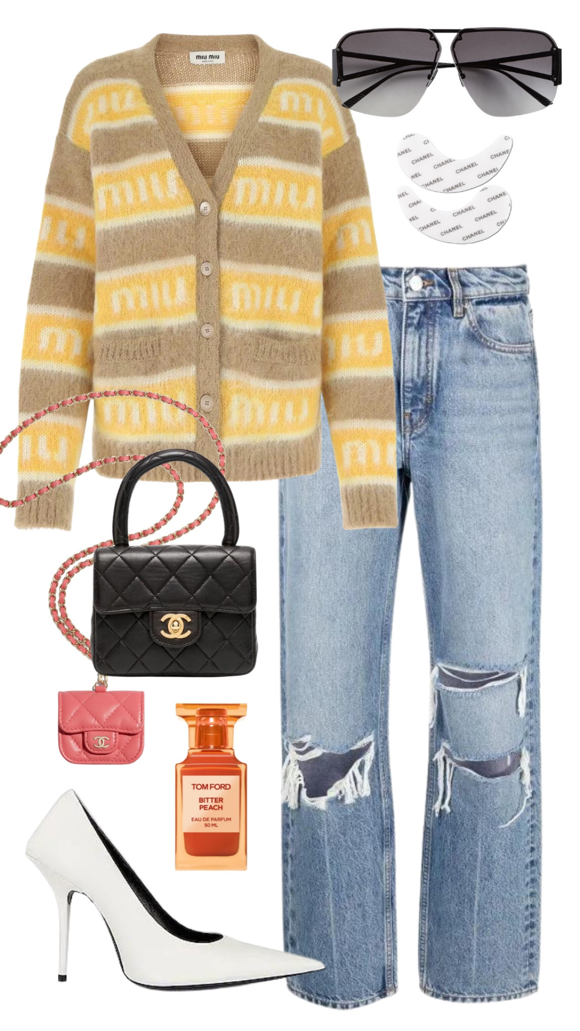 miu miu cardigan 
agolde jeans 
balenciaga knife heels 
chanel vintage mini bag 
chanel airpod case 
bottega veneta sunglasses 
tom ford bitter peach 
chanel eye revitalizer 

#LTKfit #LTKitbag #LTKstyletip