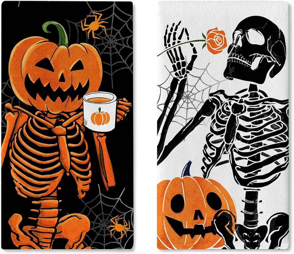 Halloween Gothic Skeleton Kitchen Dish Towels Set of 2, Spooky Jack O Lantern Pumpkin Skull Drying Hand Towels Baking Cooking Cloth, Spider Web Rose Holiday Home Kitchen Decor 18 x 26 | Amazon (US)