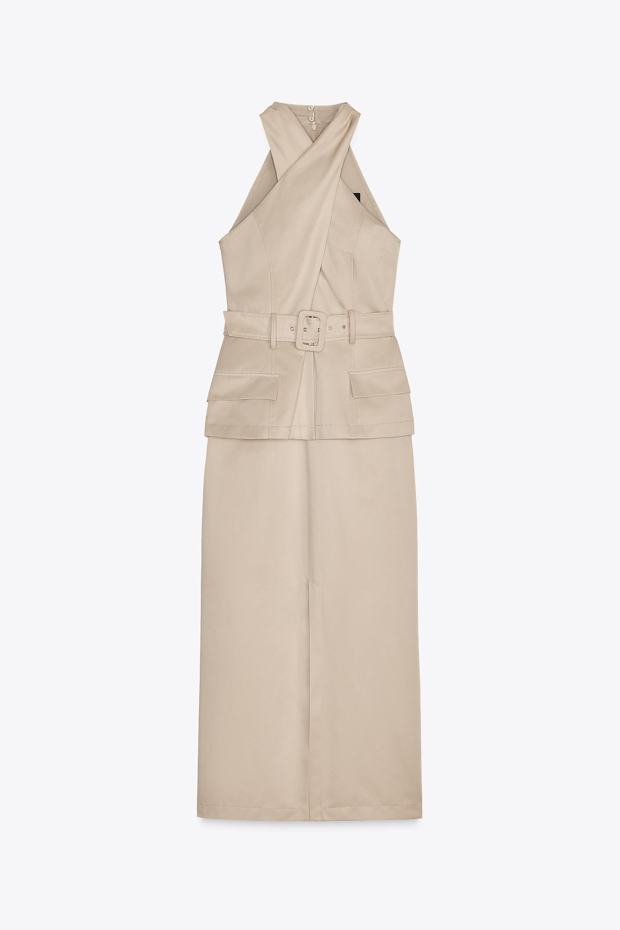 Crossover halter neck dress. Belt and front flap detail. Front slit at hem. Back hidden in-seam z... | Zara US