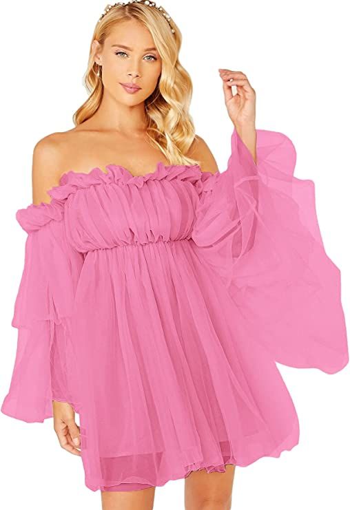 Romwe Women's Romantic Off Shoulder Flounce Long Sleeve Wedding Ruffle Mesh Party Mini Dress | Amazon (US)